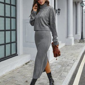 Cable Knit Drop Shoulder Sweater & Knit Skirt